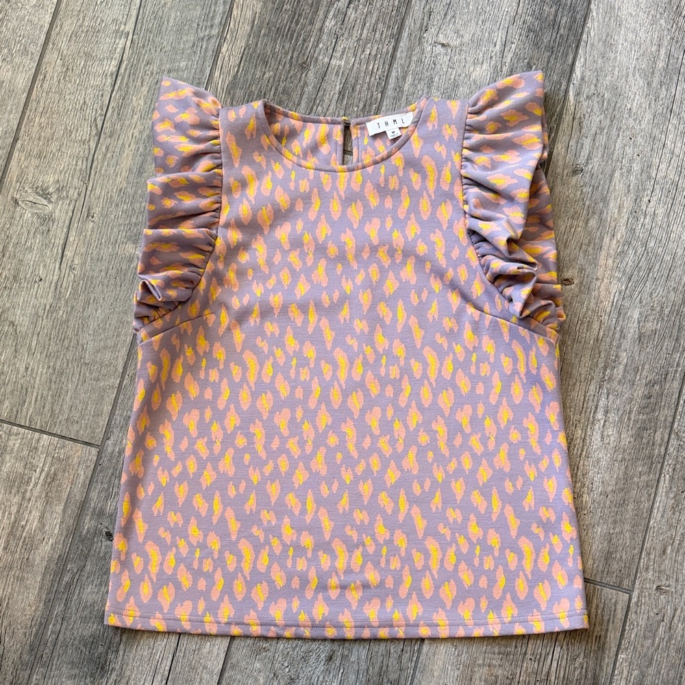 Purple, Pink, and Yellow Sleeveless Ruffled Sweater